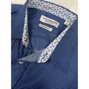 Nick Graham Everywhere Shirt L 34 35 Modern Fit Button Up Stretch Blue Geometric